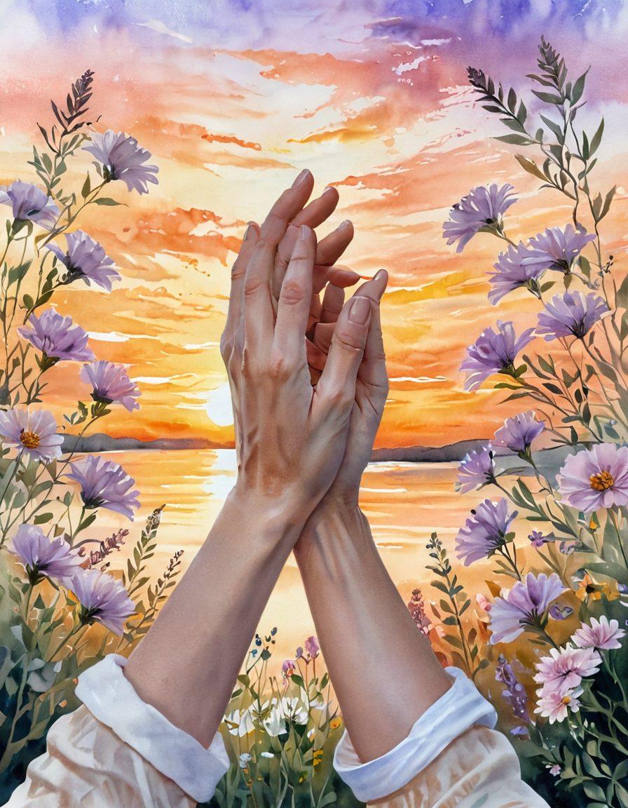 A serene and warm illustration of two hands gently intertwined, surrounded by soft blooming flowers symbolizing intimacy and compassion. In the background, there is a subtle sunset casting a golden hue, enhancing the feeling of warmth and connection. The scene should evoke a sense of tranquility and love, encouraging the viewer to reflect on their relationships. watercolor. soft pastels. romantic atmosphere.