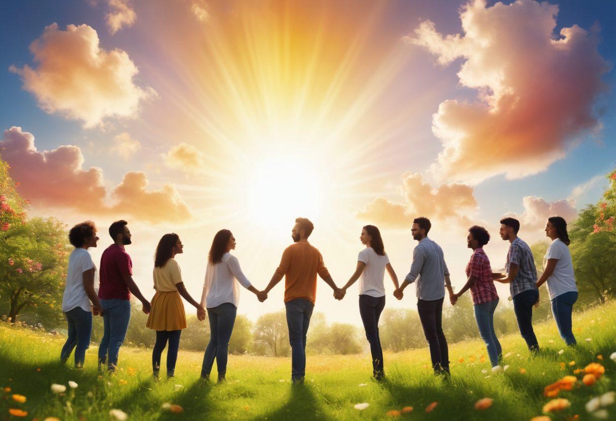 A diverse group of people standing in a circle, smiling and shaking hands, with vibrant colors symbolizing trust and kindness. In the background, a radiant sun peeking through fluffy clouds represents hope and togetherness. The scene is set in a lush green park with gentle flowers around, enhancing the theme of connection. The composition conveys warmth and unity among individuals of various backgrounds. super-realistic. vibrant colors. white background.