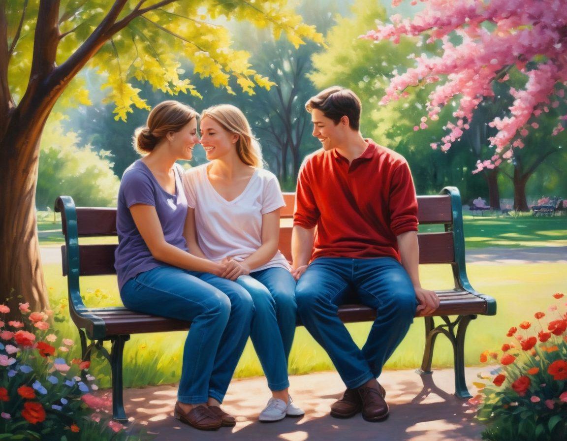 A cozy, intimate scene of two people sitting on a park bench, sharing a heartfelt conversation, surrounded by blooming flowers symbolizing romance. Soft sunlight filters through the trees, casting a warm glow over their smiles, with hearts subtly woven into the background. The atmosphere radiates warmth, love, and affection. painting. vibrant colors. soft focus.